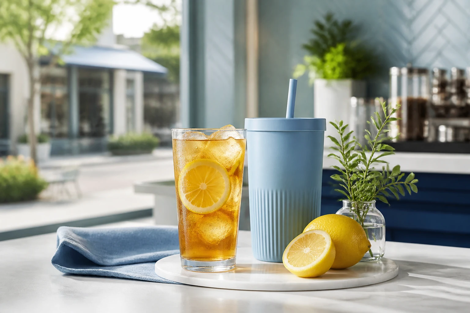 A citrus iced tea, pale blue reusable cup, lemons, and greenery arranged for a local cafe campaign