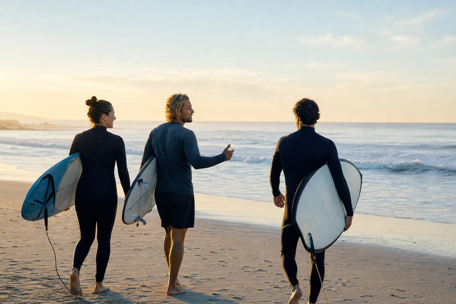 A surf instructor and two adult learners carrying surfboards toward calm waves at sunrise