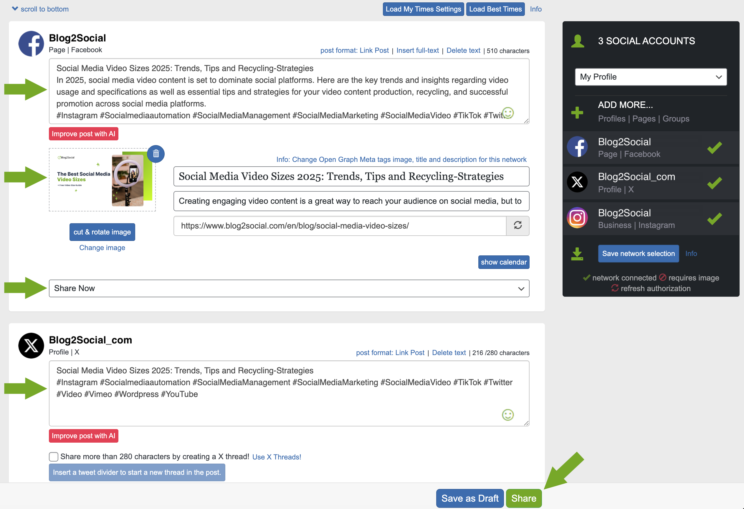 Blog2Social preview editor showing one post tailored for a Facebook Page and X, with three social accounts selected and Share Now controls.