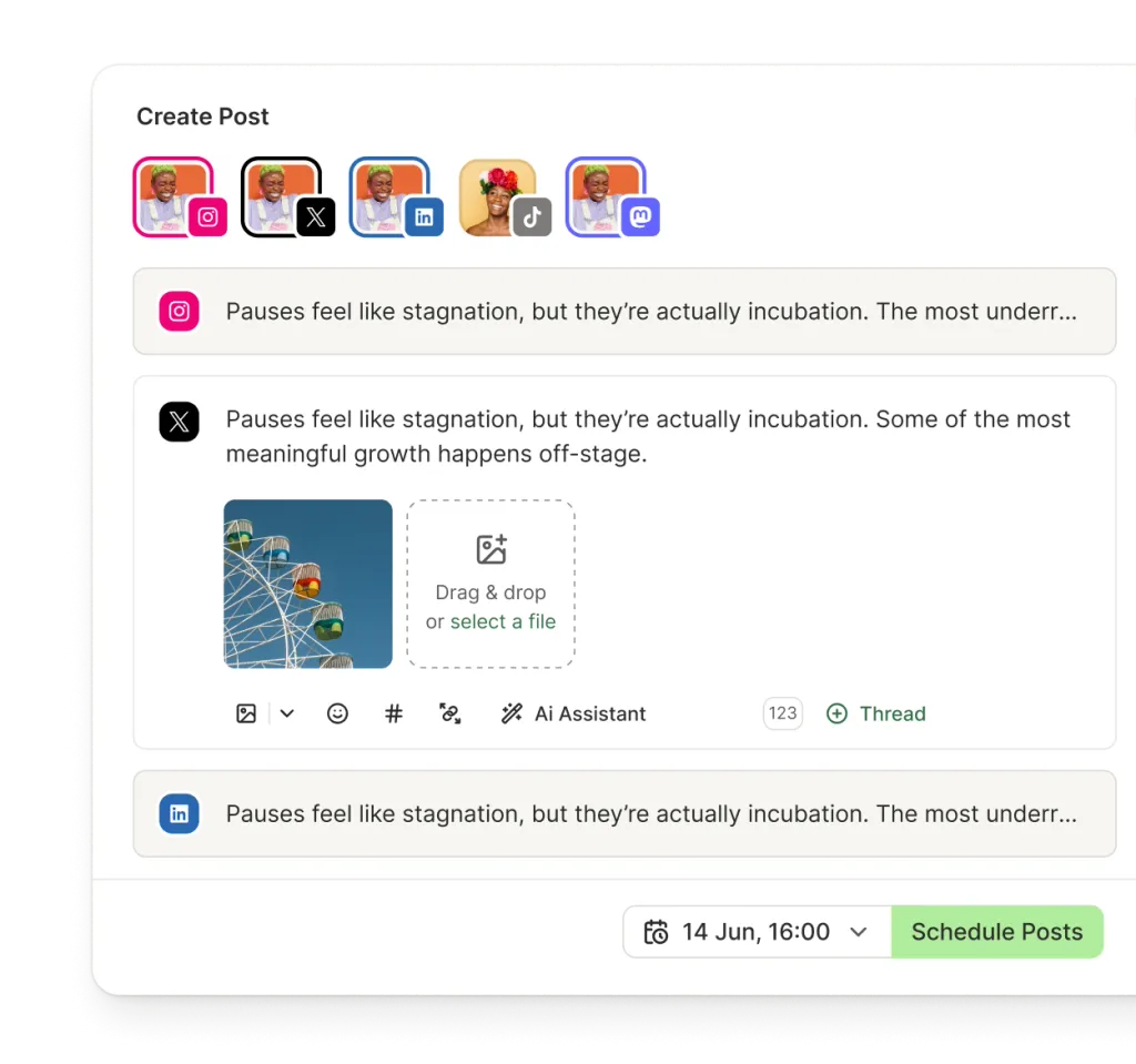 Buffer interface showing a finished post with separate copy fields for Instagram, X, LinkedIn, TikTok, and Mastodon before multi-channel scheduling.