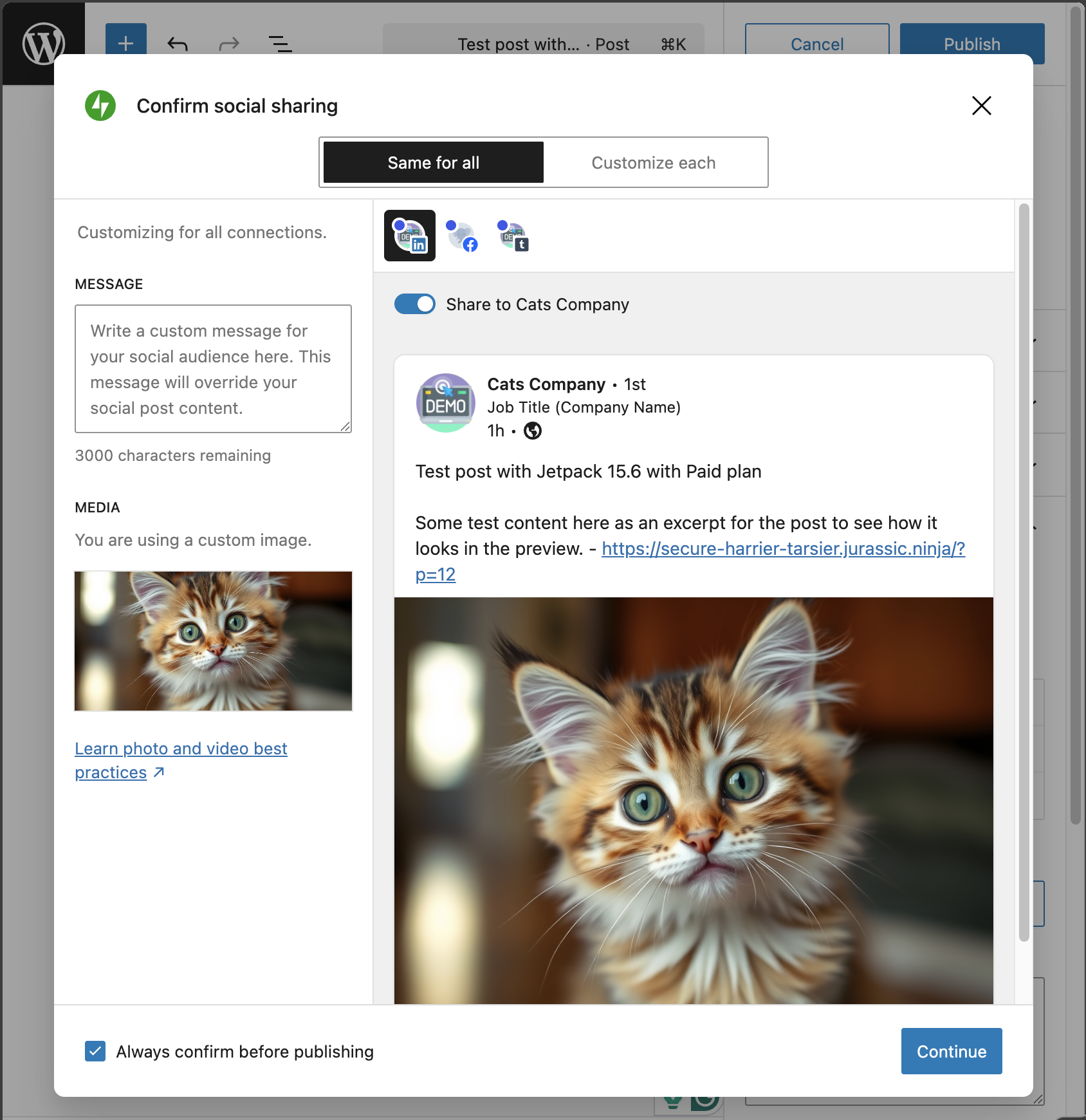 Jetpack Social Confirm social sharing dialog showing connected LinkedIn, Facebook, and Tumblr accounts with sharing enabled and a LinkedIn post preview.