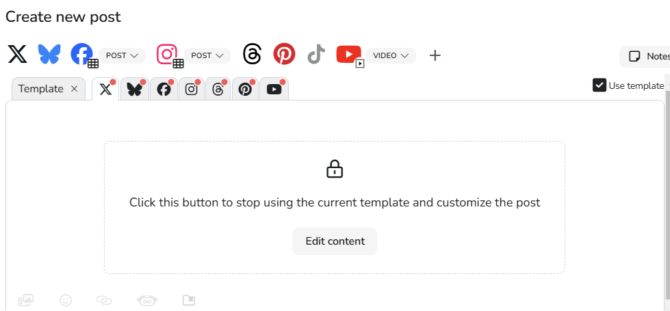 Metricool interface showing a template with separate network tabs for adapting a finished post across social media platforms.