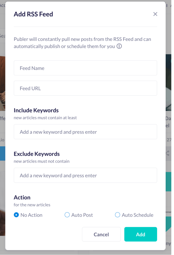 Publer interface showing an RSS feed setup with Auto Post and Auto Schedule actions for publishing blog posts to social media.