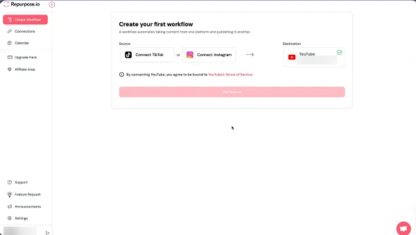 Repurpose.io interface showing a workflow setup that connects TikTok or Instagram to a YouTube destination for social media redistribution.