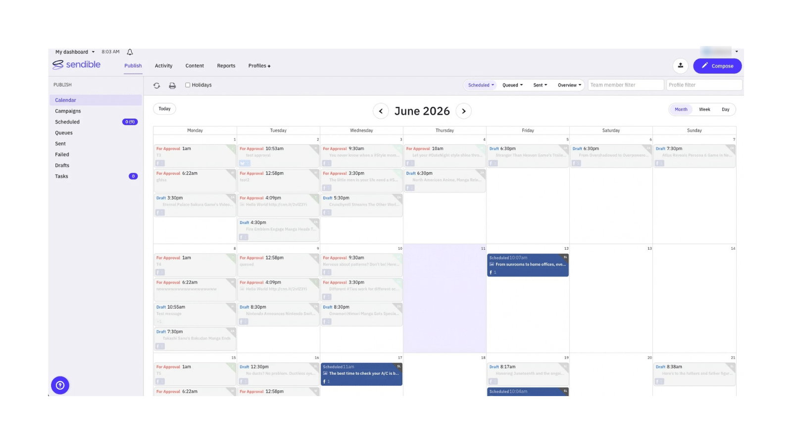 Sendible interface showing a calendar with client posts marked For Approval for agency client accounts.