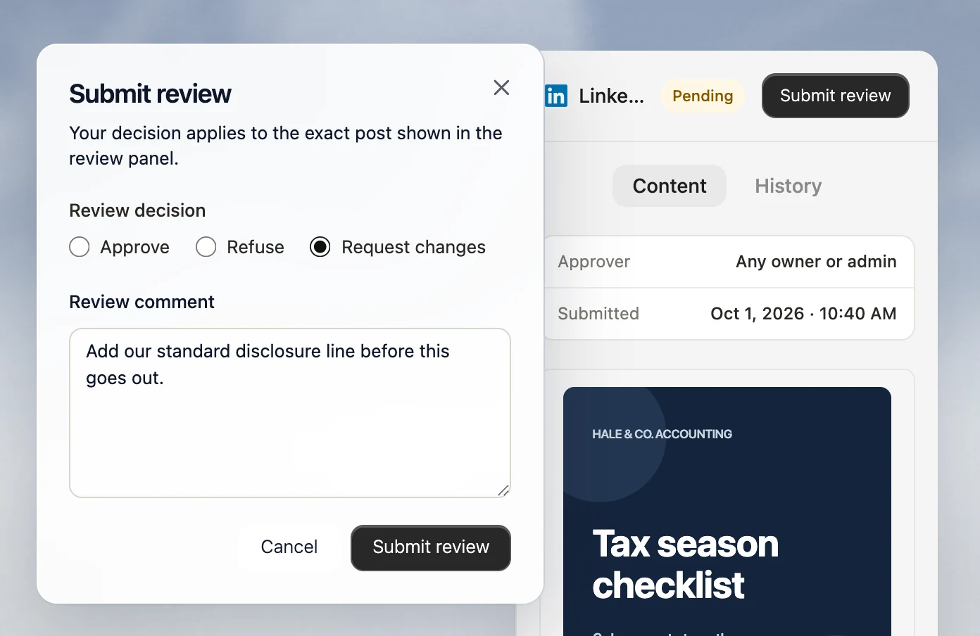 Velocity approval interface showing reviewer feedback on a professional-services LinkedIn post before publishing.