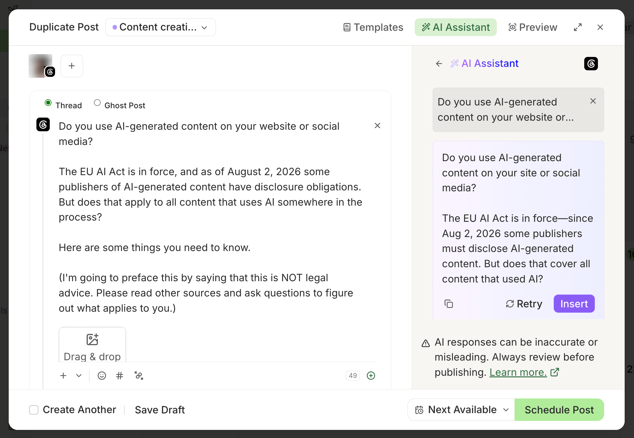 Buffer interface showing an AI Assistant in a post composer with a Schedule Post control for a prepared-post queue.