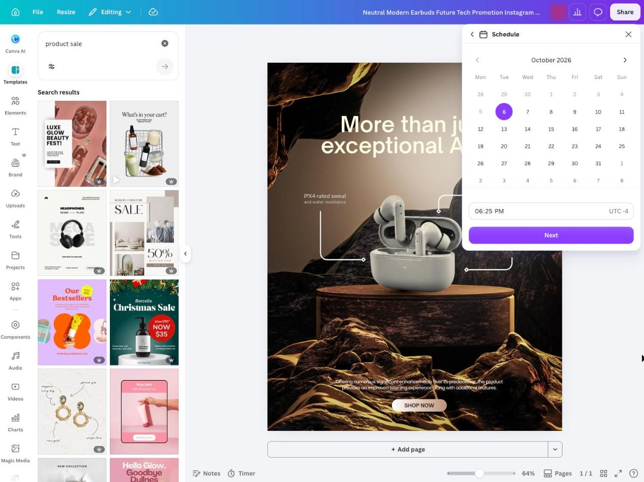 Canva editor with the Schedule panel open, showing a date picker and time field next to a product promotion design