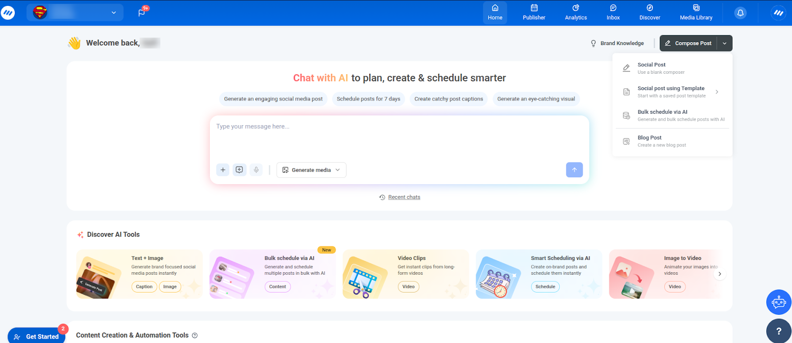 ContentStudio Home with Chat with AI planner, a Schedule posts for 7 days prompt and Bulk schedule via AI tools