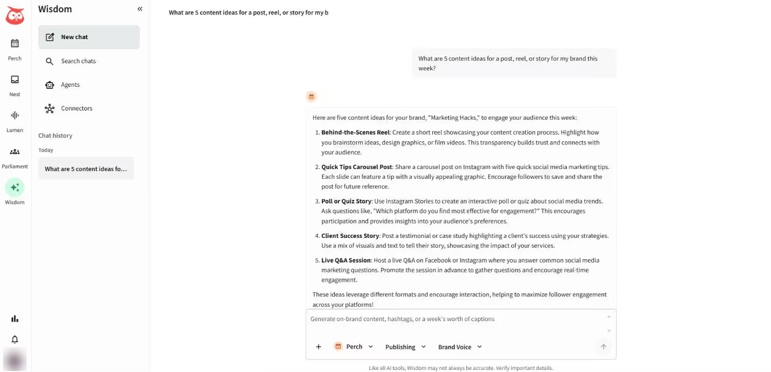 Hootsuite Wisdom chat listing five AI-written content ideas, with Perch, Publishing and Brand Voice options below