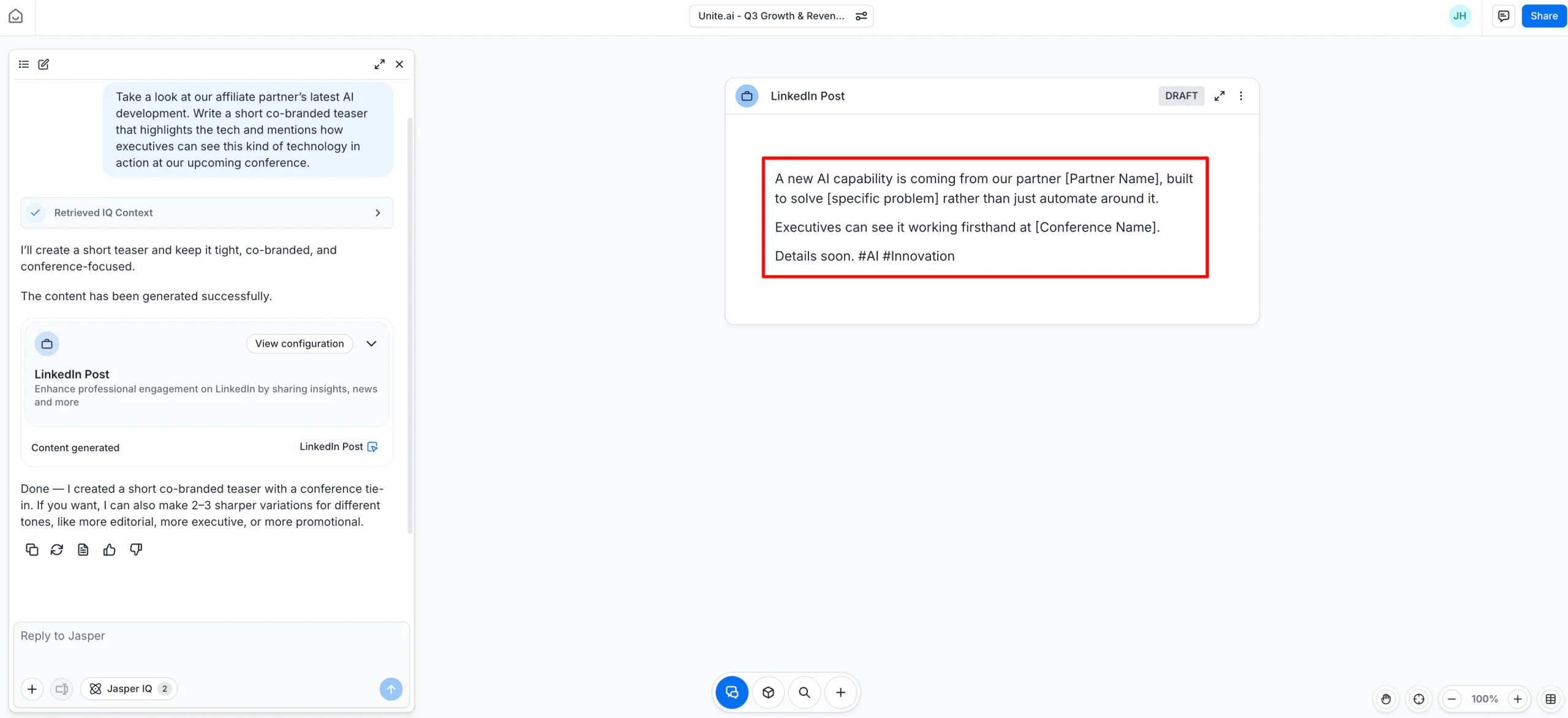 Jasper canvas showing retrieved campaign context and a generated LinkedIn post draft for brand-governed social media campaign creation.