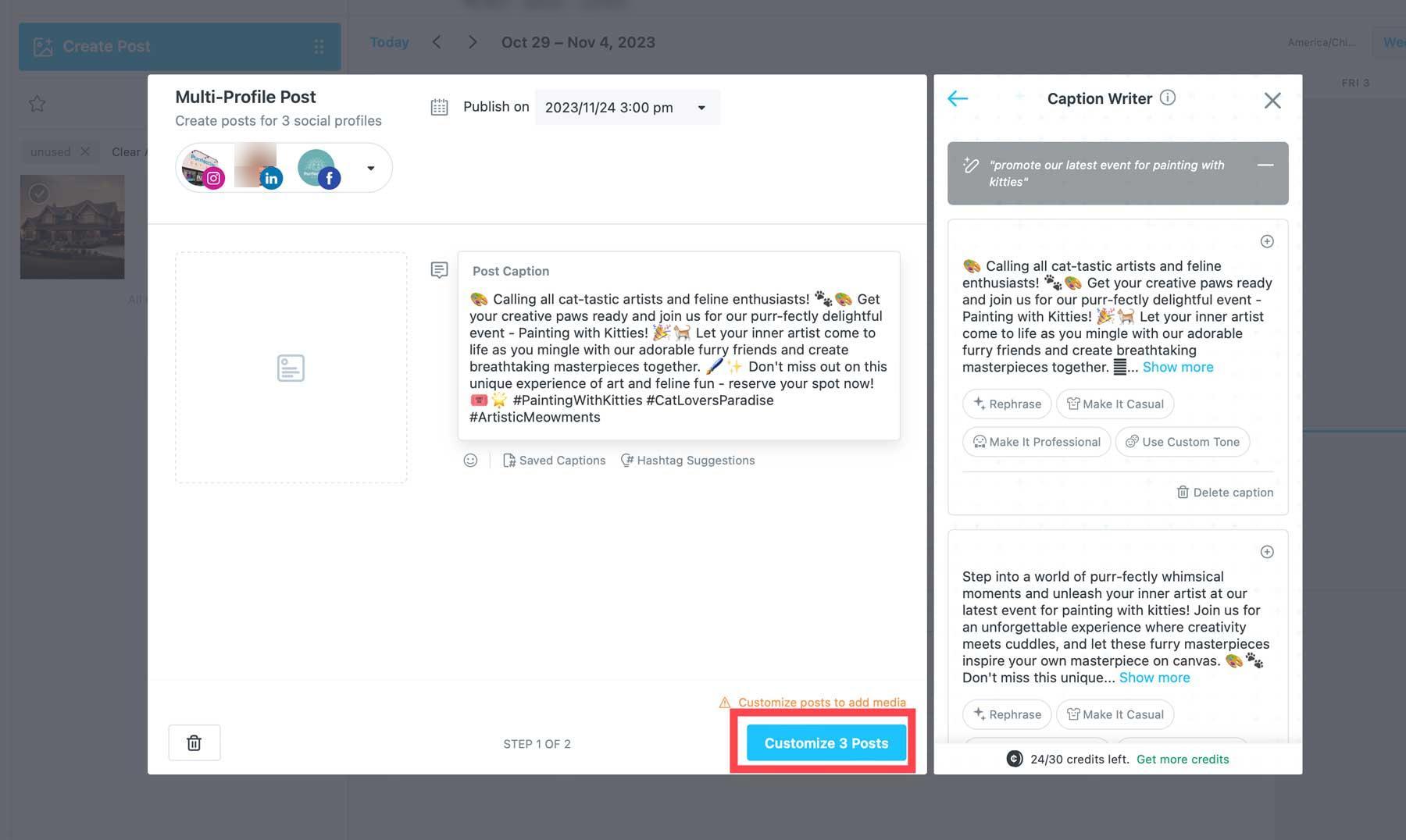 Later interface showing AI caption generation beside a visual social media plan.