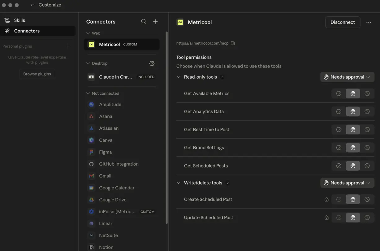 Metricool connector in Claude settings showing tools to get best posting time and create or update scheduled posts for AI social media scheduling.
