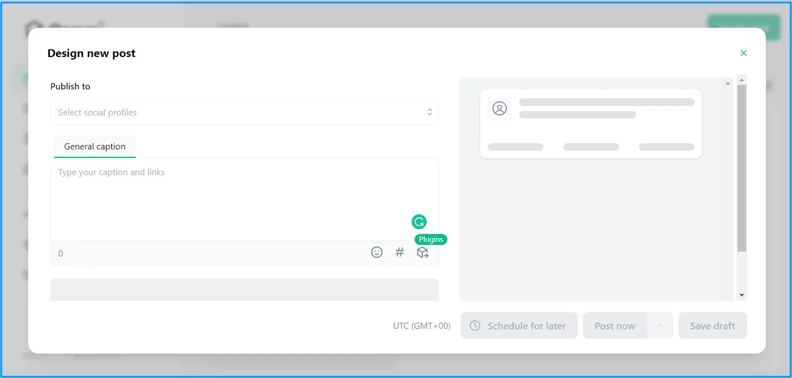 Ocoya Design new post window with social profile selection, a General caption field, post preview and Schedule for later button