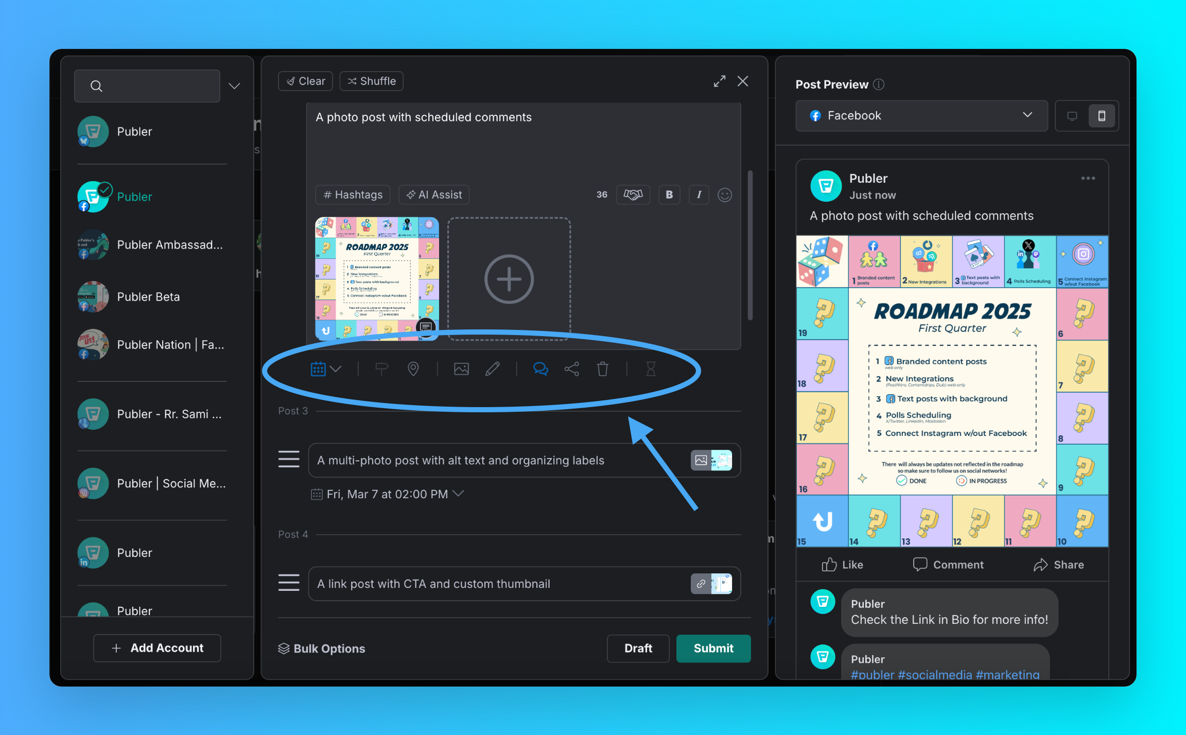Publer interface showing post-composer tools and a Facebook preview for per-network social post scheduling.