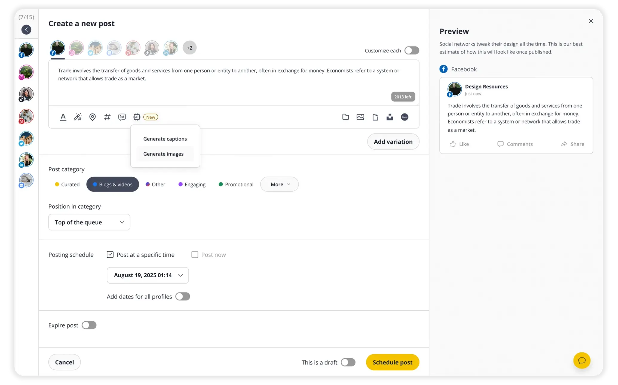 SocialBee interface showing post categories and scheduling controls for repeatable social media publishing.