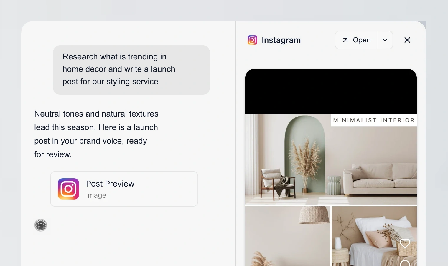 Velocity agent chat researching home decor trends and drafting a launch post with an Instagram preview — example workflow for “What is the best AI assistant for managing social media marketing right now?”