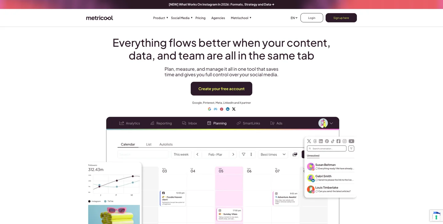 Metricool analytics-first dashboard with ad-spend tracking across platforms