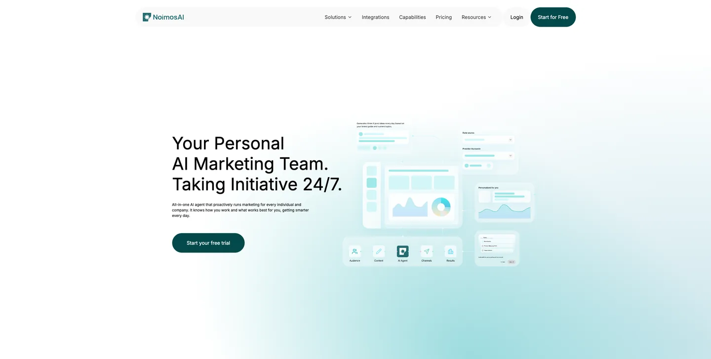 NoimosAI autonomous marketing platform showing its Social Media Agent and Brand DNA engine