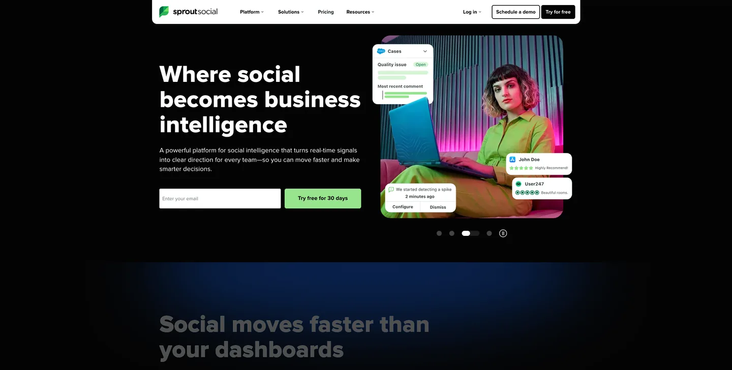 Sprout Social analytics dashboard with Smart Inbox and cross-channel reporting