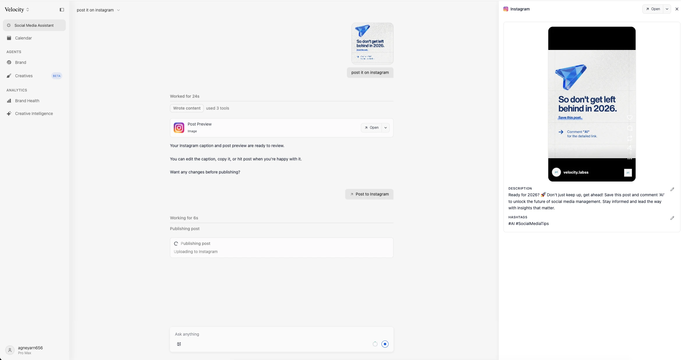 Velocity dashboard showing the AI Social Media Assistant orchestrating specialized autonomous AI agents as a single loop