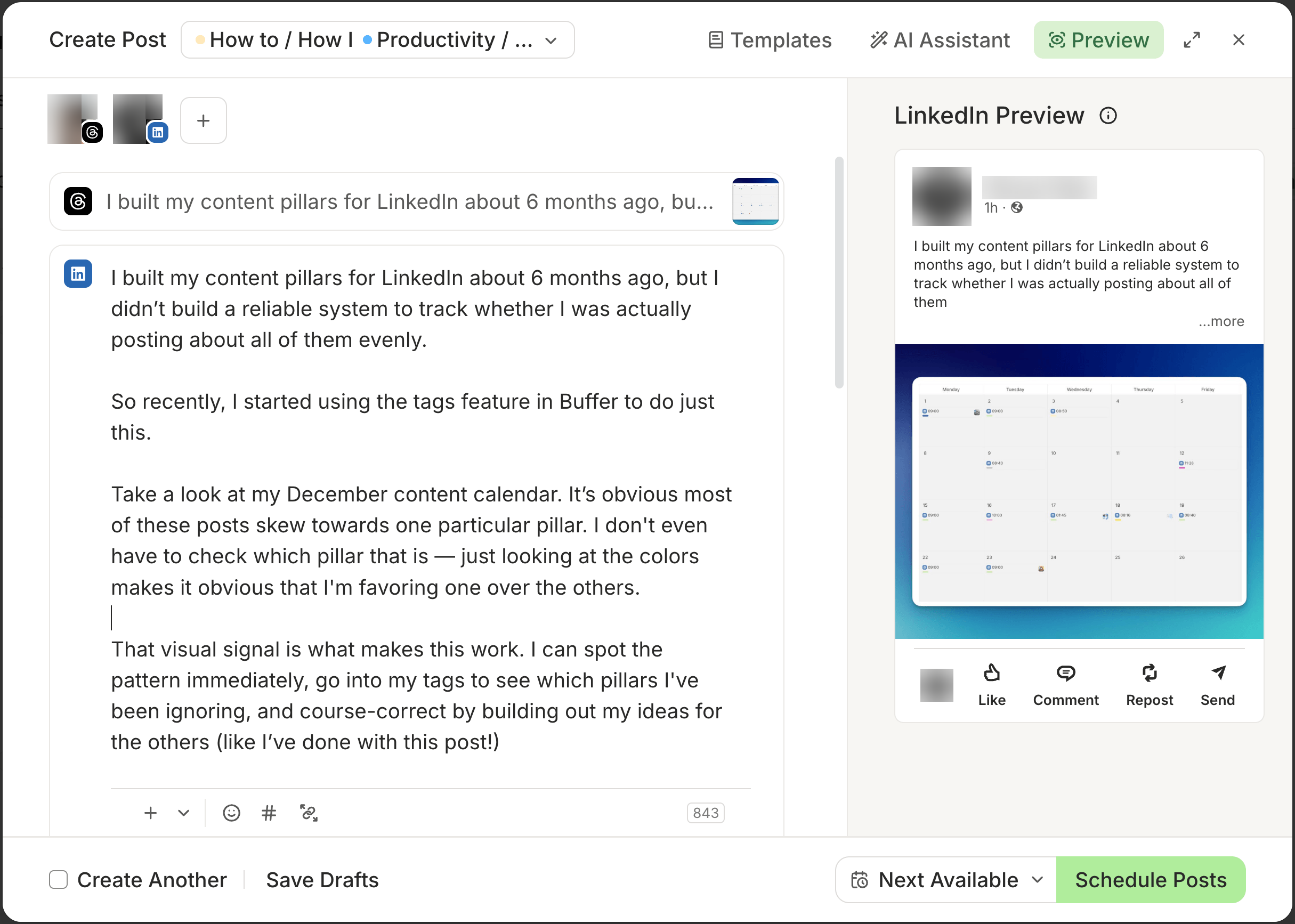 Buffer Create Post interface showing LinkedIn and Threads drafts, a post preview, and scheduling controls for a social media marketing workflow.