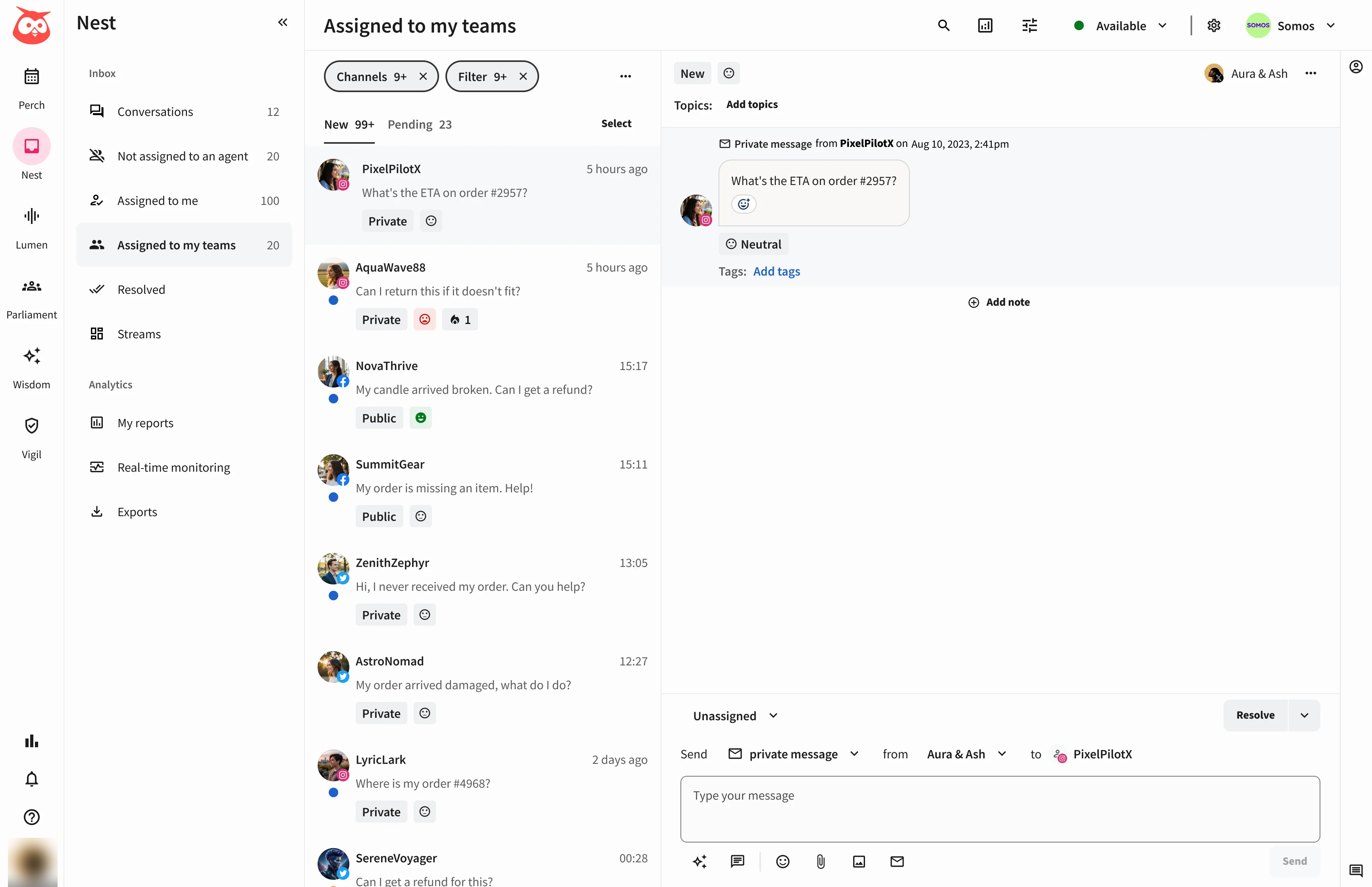 Hootsuite Nest inbox showing team-assigned customer messages, a reply box, and monitoring navigation for social media engagement management.