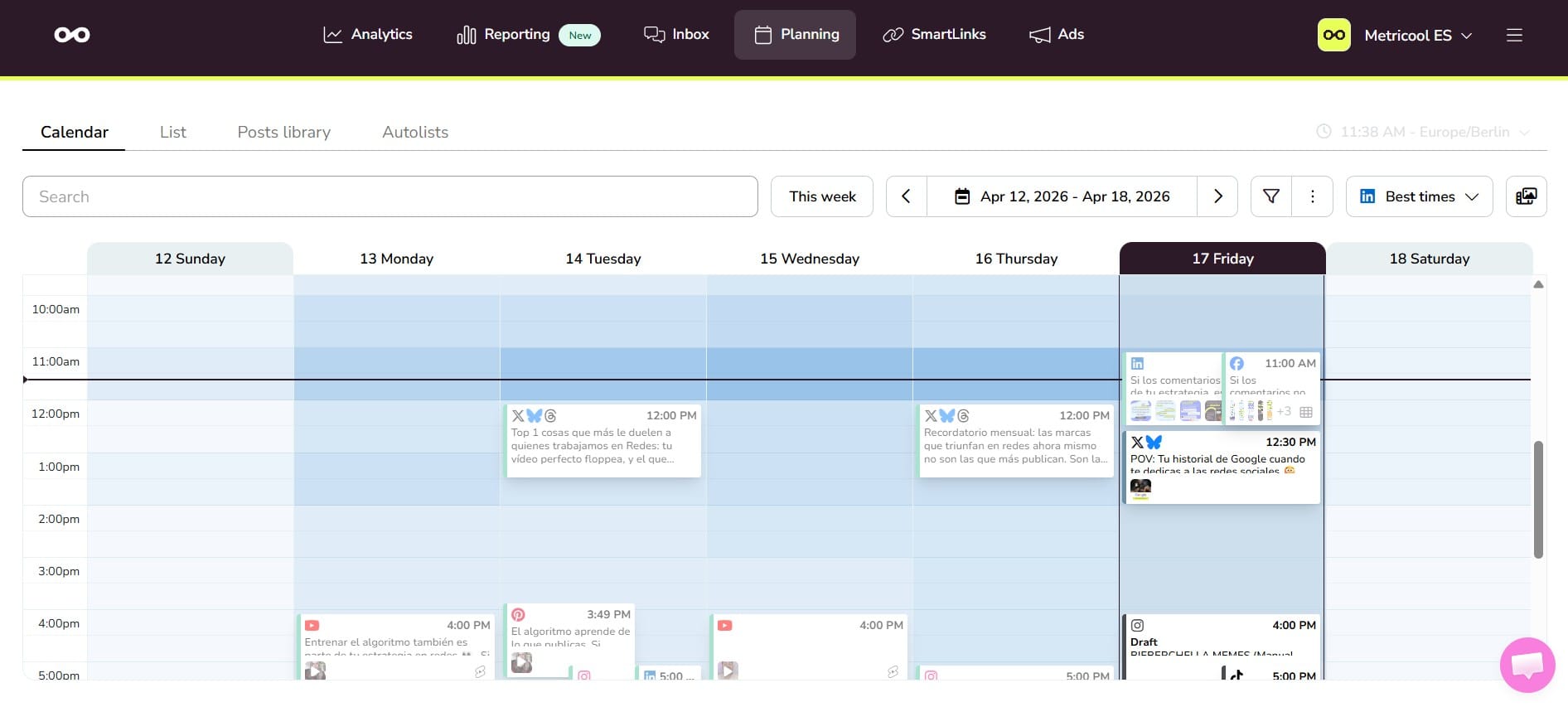 Metricool Planning interface showing a social content calendar with Posts and Autolists tabs, plus Analytics and Reporting navigation for Brand-based planning.