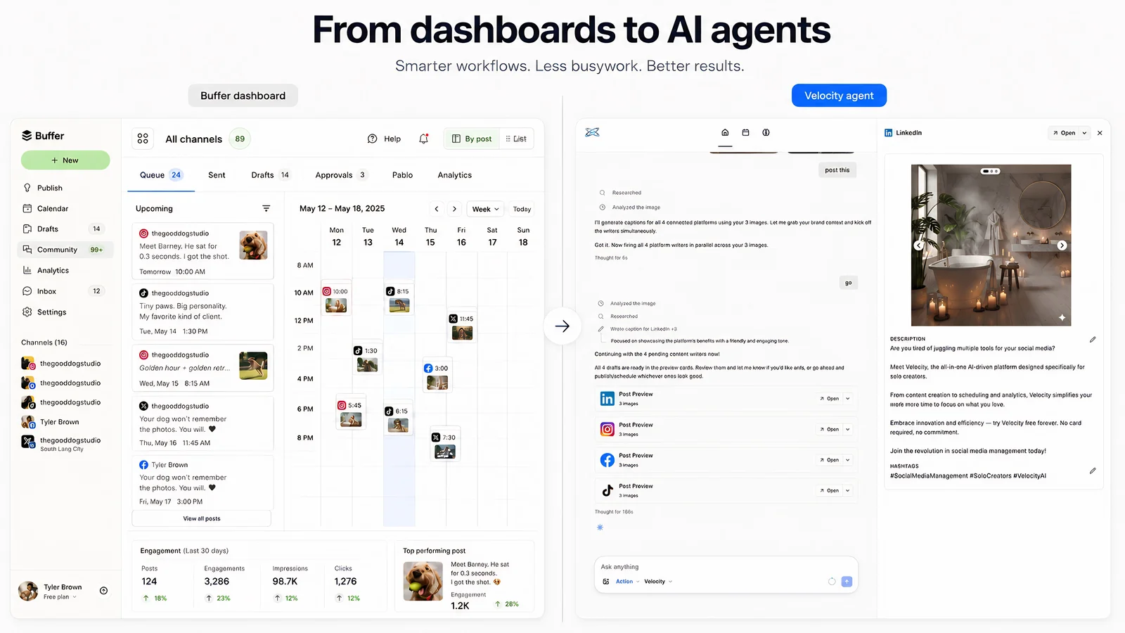 Side-by-side comparison: a Buffer-style manual scheduling dashboard on the left versus Velocity's conversational AI social media agent on the right