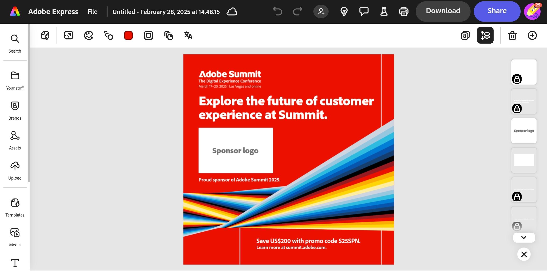 Adobe Express editor showing a sponsor-post template with locked layers and an editable sponsor-logo placeholder.