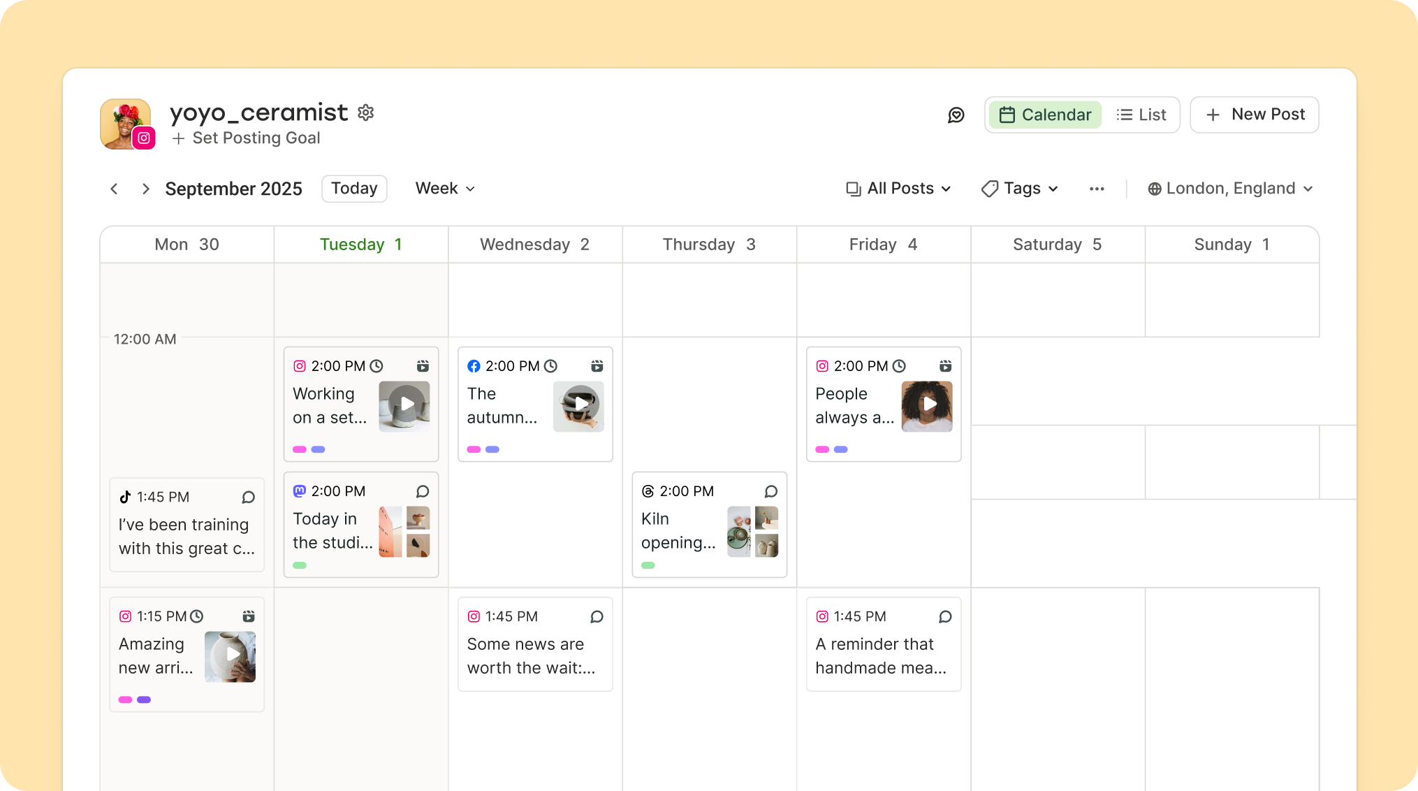 Buffer week calendar showing scheduled Instagram, Facebook, TikTok, Mastodon, and Threads posts for a ceramics account.
