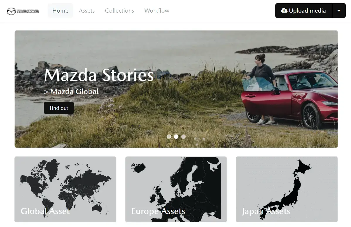 Bynder portal showing Assets, Collections, and Workflow tabs with separate Global, Europe, and Japan asset areas.