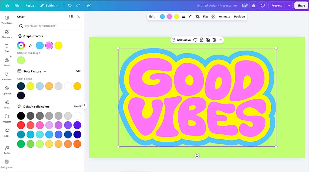 Canva editor showing a Color panel with a brand-kit color palette beside a selected GOOD VIBES graphic.