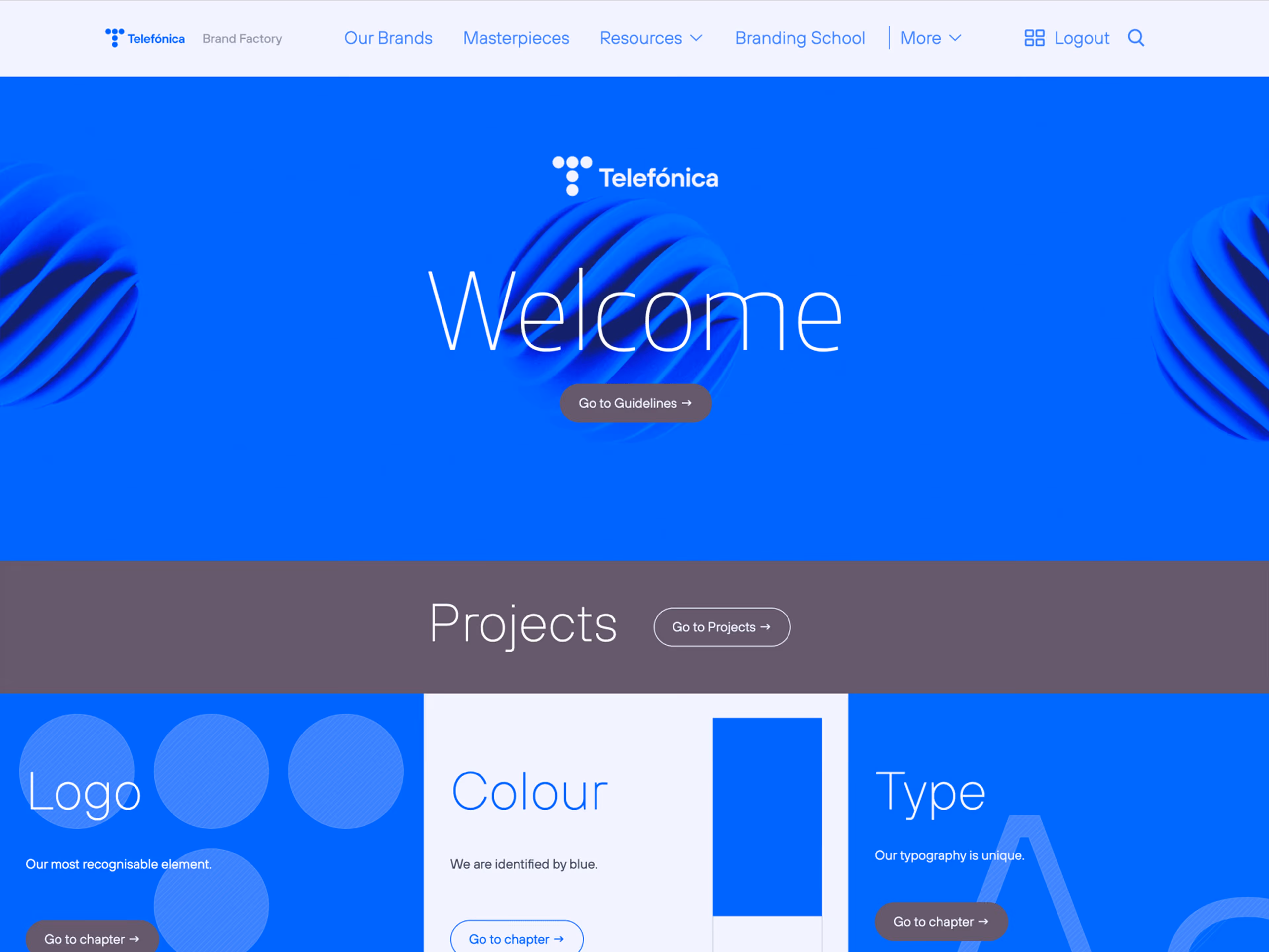Frontify brand portal showing a Go to Guidelines button and chapters for Logo, Colour, and Type.
