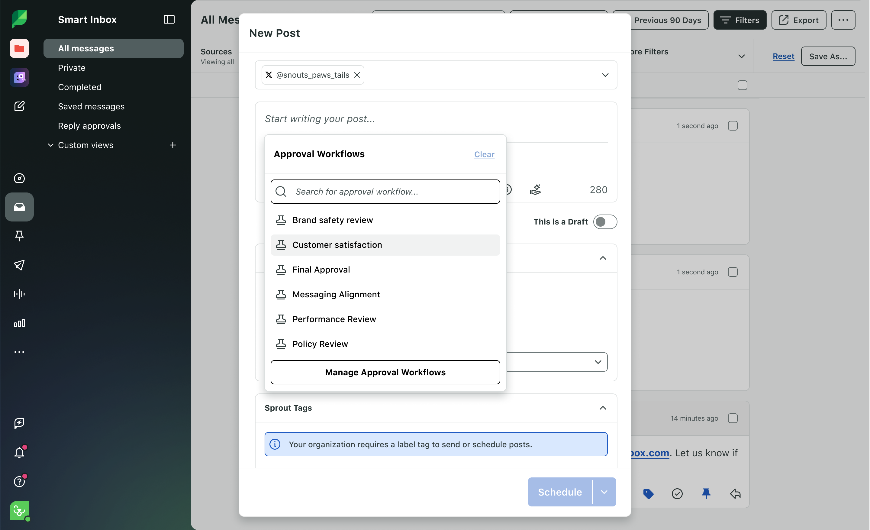Sprout Social New Post window showing an Approval Workflows list with Brand safety review and Final Approval.