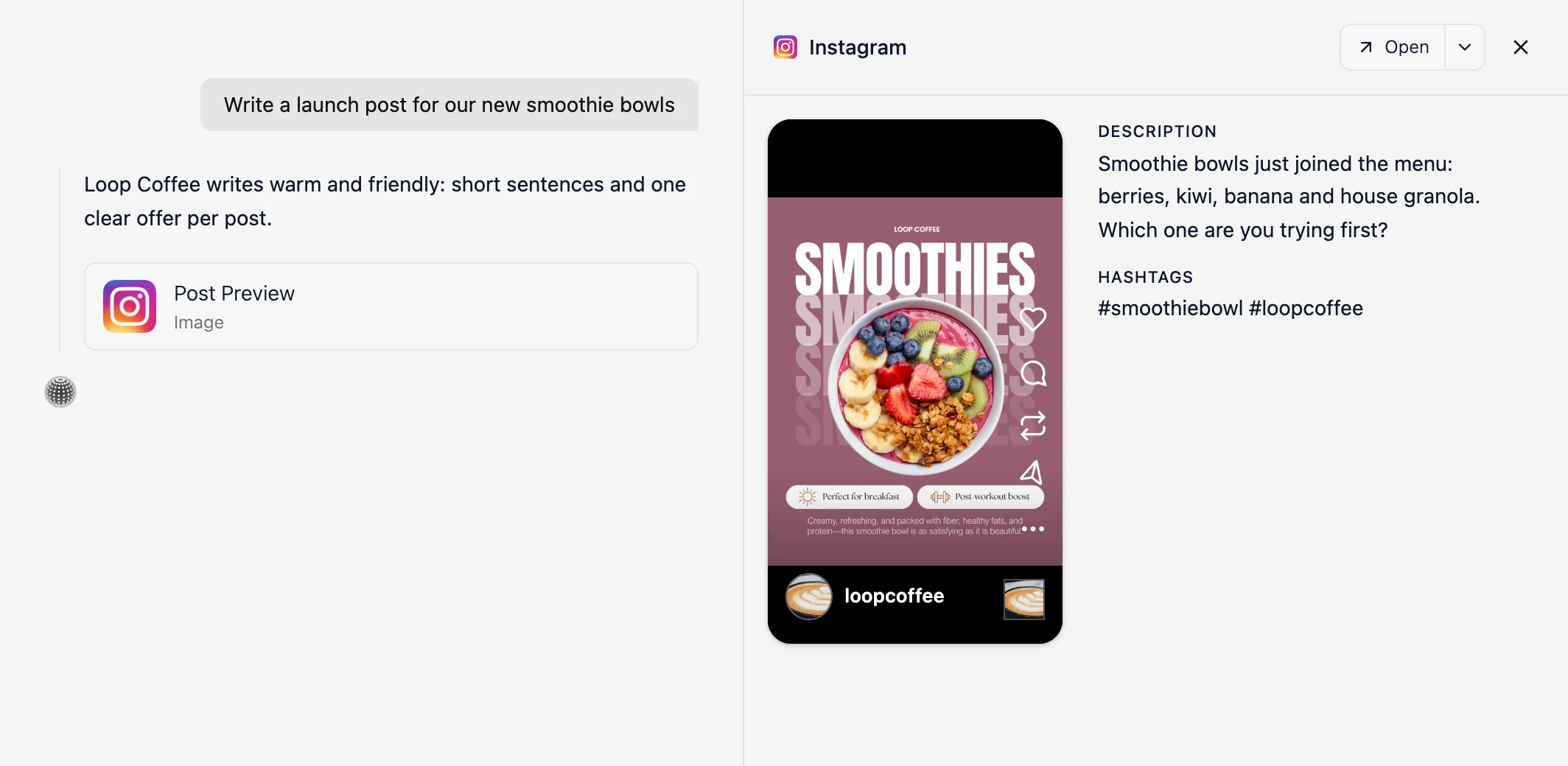 Velocity agent chat showing a warm, short brand voice and an Instagram post preview for applying brand guidelines to social media posts.