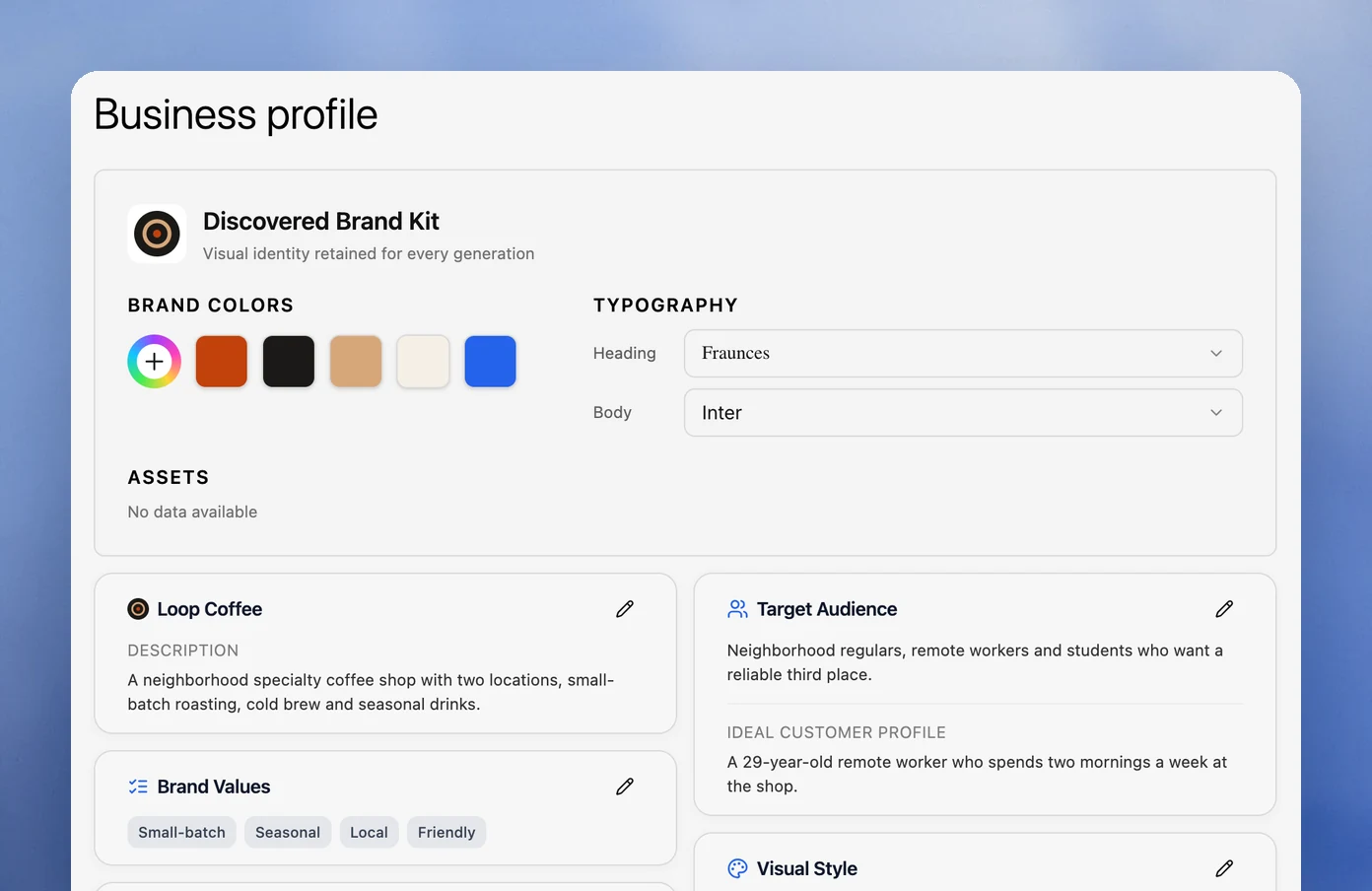 Velocity Brand Identity interface showing a business profile with colors, typography, and audience context for preparing on-brand social media posts.