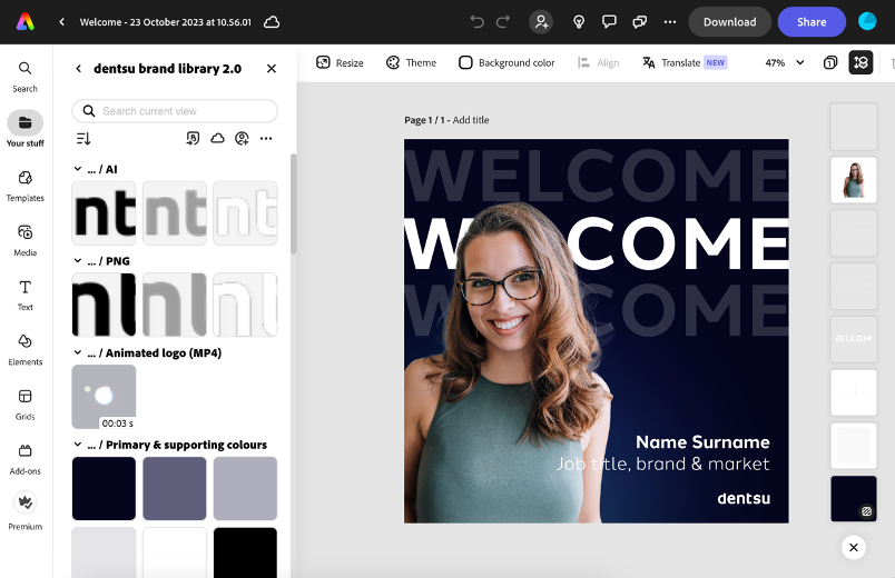 Adobe Express editor showing brand-library logos and colours beside a branded social-media post template.