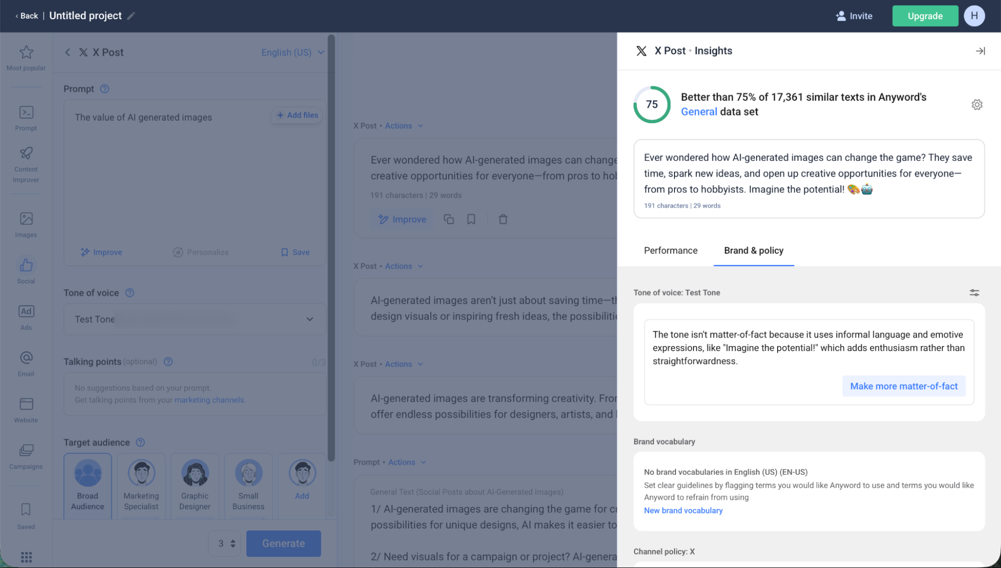 Anyword X Post Insights showing Brand & policy, tone-of-voice feedback, and Brand vocabulary for performance copy.