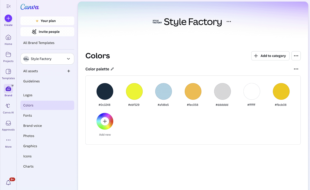 Canva Brand Kit Colors page showing a seven-color palette and menus for logos, fonts, photos, and graphics for visual brand consistency.