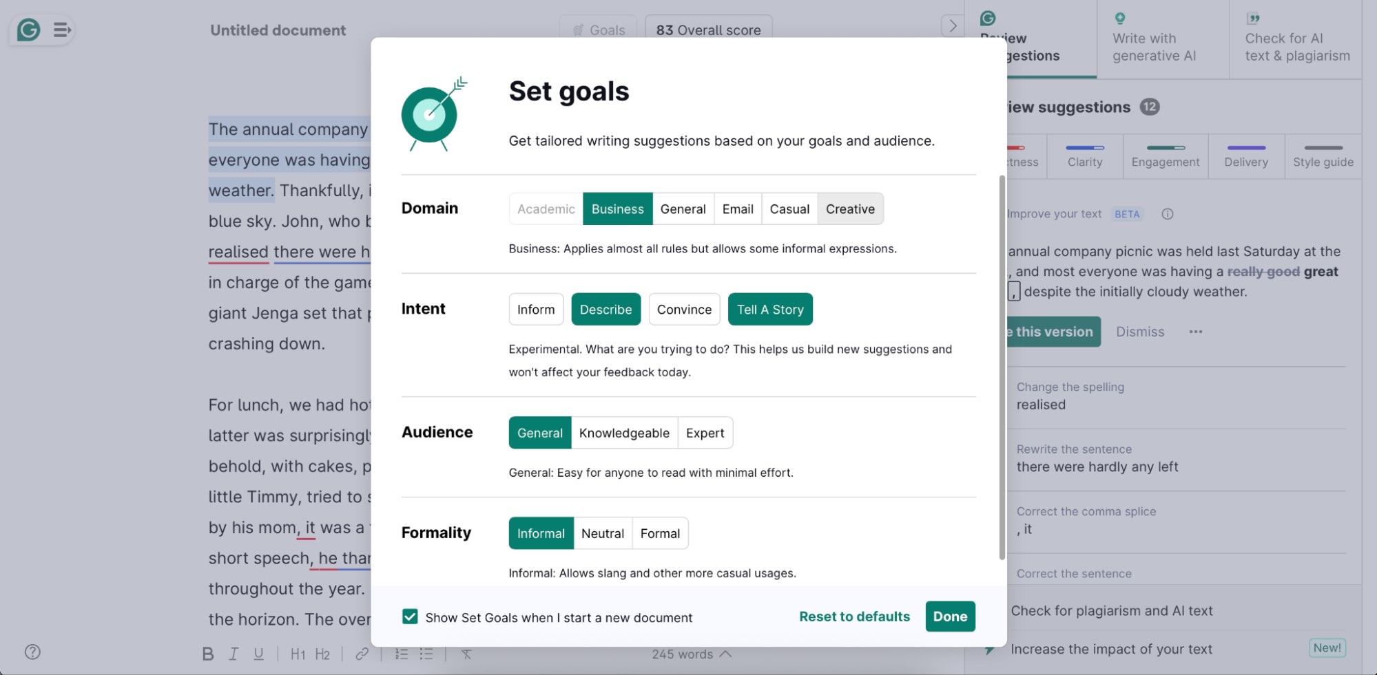 Grammarly editor showing goals for audience and formality plus a Style Guide suggestion while reviewing a draft.