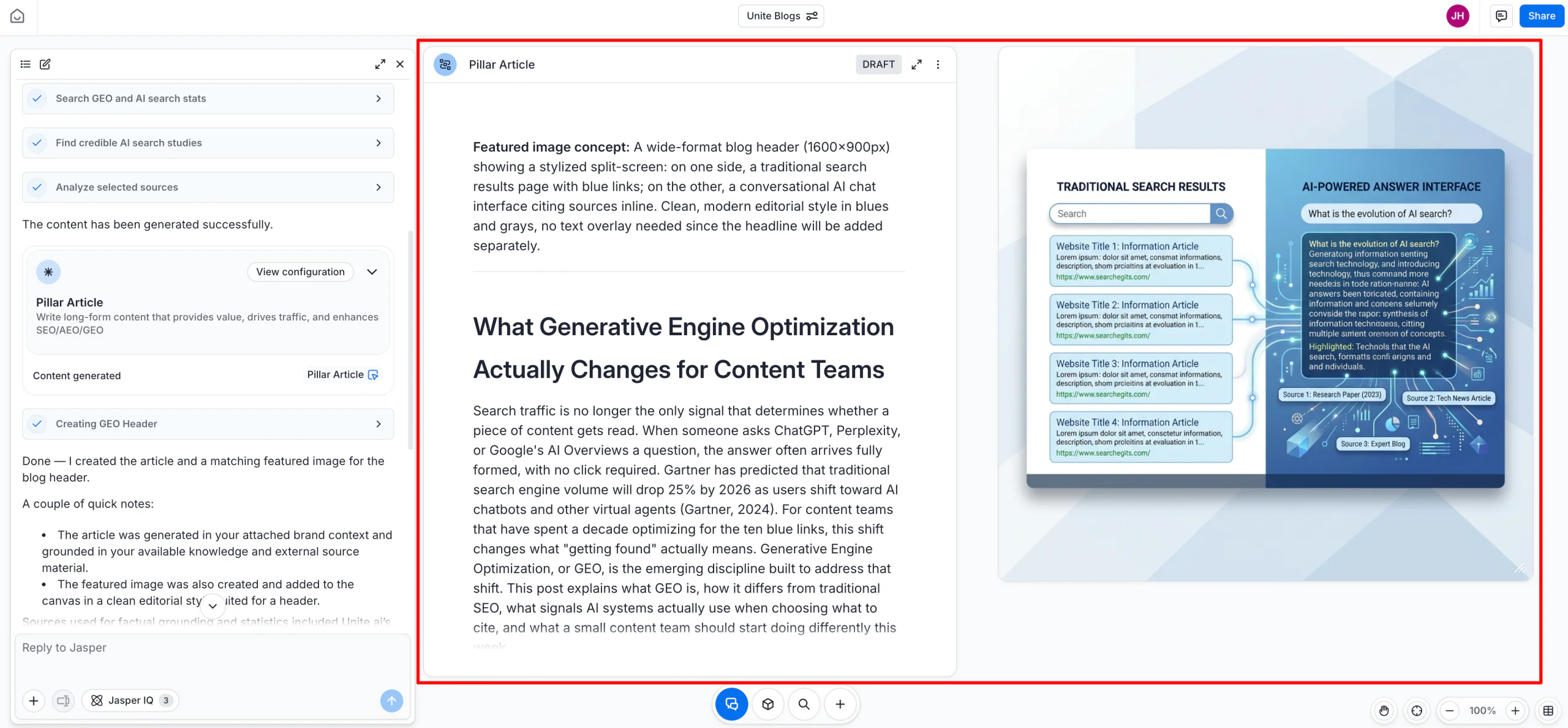 Jasper Canvas showing a Pillar Article draft and chat message that the attached brand context was used for AI marketing content.