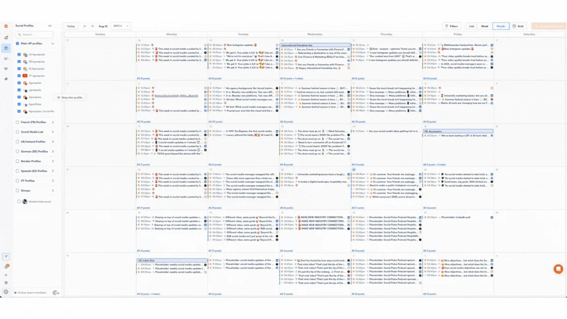 Agorapulse publishing calendar month view with daily post counts, holiday calendar notes, a social profile list, and List, Week, Month, and Grid toggles