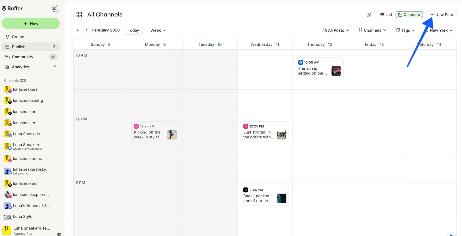 Buffer social media calendar week view for all channels with Instagram, Facebook, and X posts, channel and tag filters, a New York time zone, and a New Post button