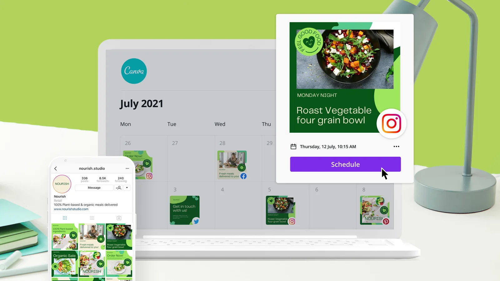 Canva Content Planner month view with designs scheduled to Instagram, Facebook, Twitter, and Pinterest and a post card with a date, time, and Schedule button