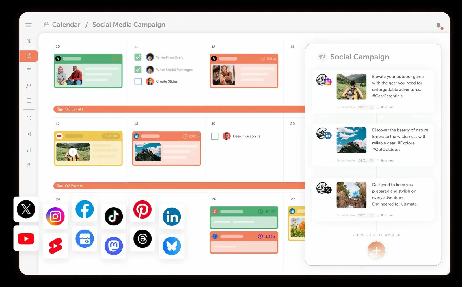 CoSchedule marketing calendar three-week view of a social media campaign with color-coded X, LinkedIn, YouTube, Pinterest, and Facebook posts, a Q2 Events campaign bar, a task checklist, and a Social Campaign panel scheduling posts at Best time