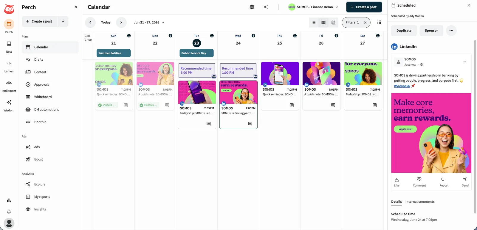 Hootsuite content calendar week view with recommended publishing time slots, published LinkedIn posts, holiday markers, and an Approvals menu in the sidebar