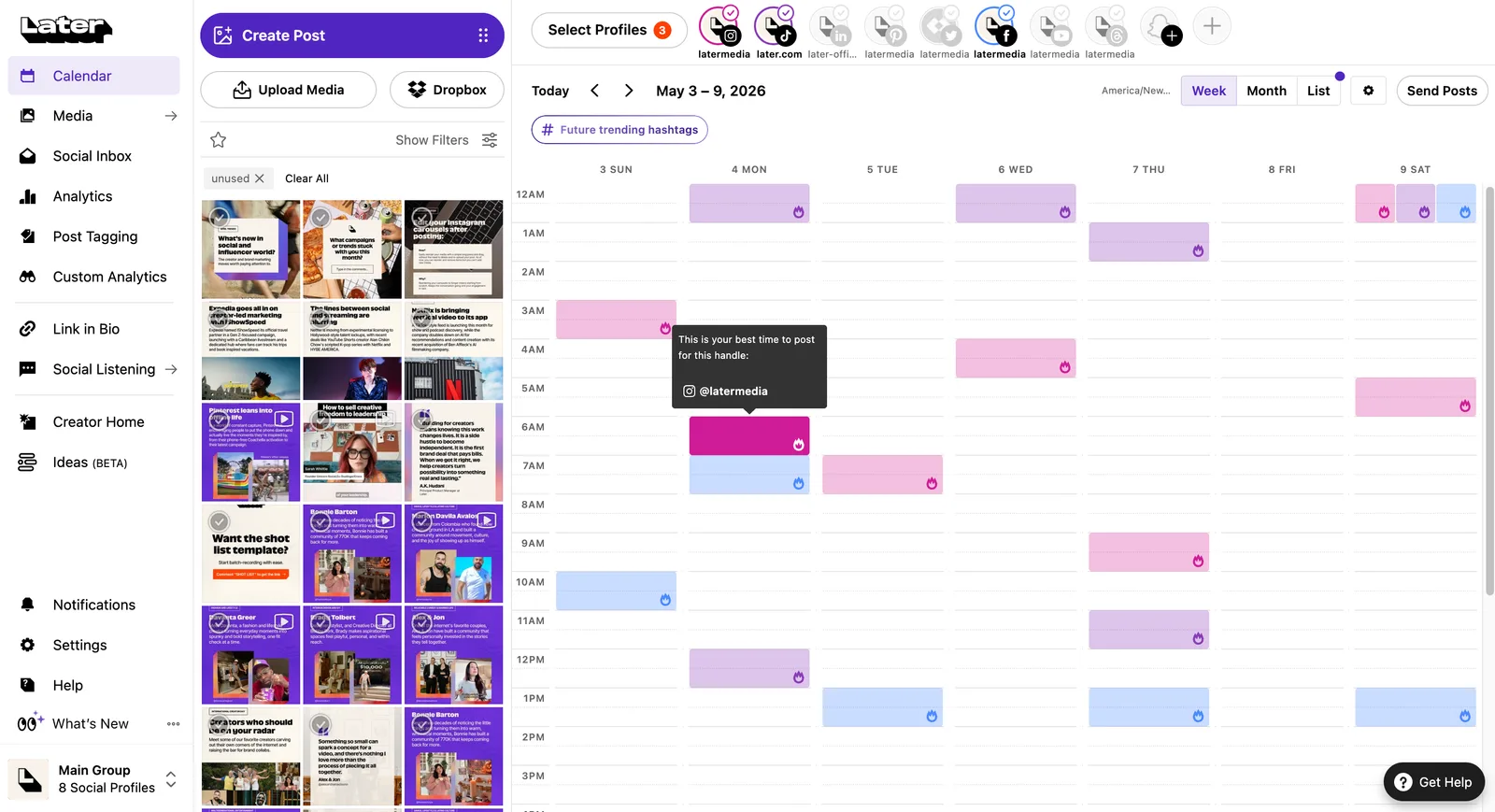 Later calendar week view highlighting the best times to post for an Instagram handle, with a media library panel and Week, Month, and List toggles