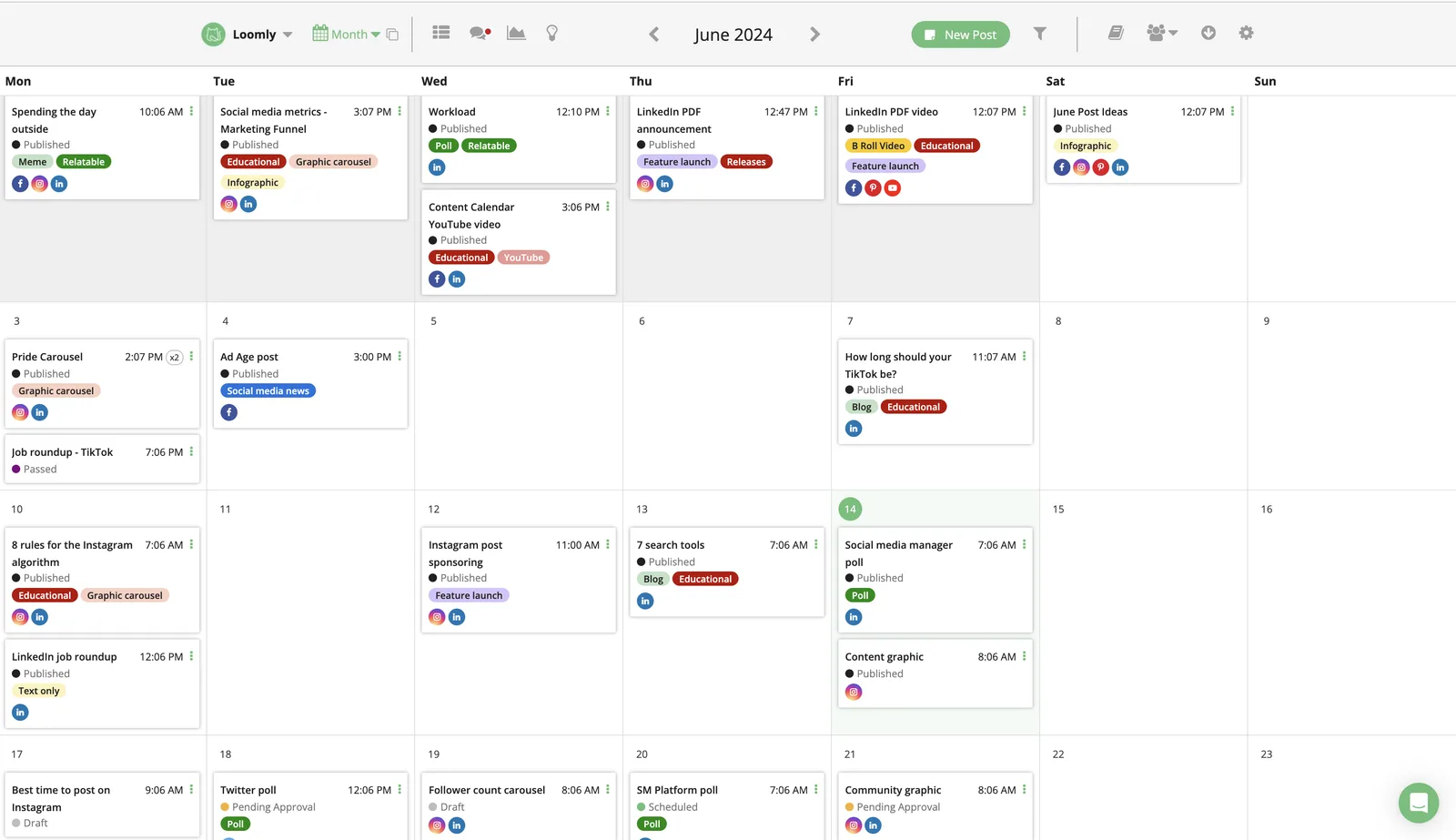 Loomly content calendar month view with Published, Scheduled, Draft, and Pending Approval post statuses, custom content labels, and a New Post button