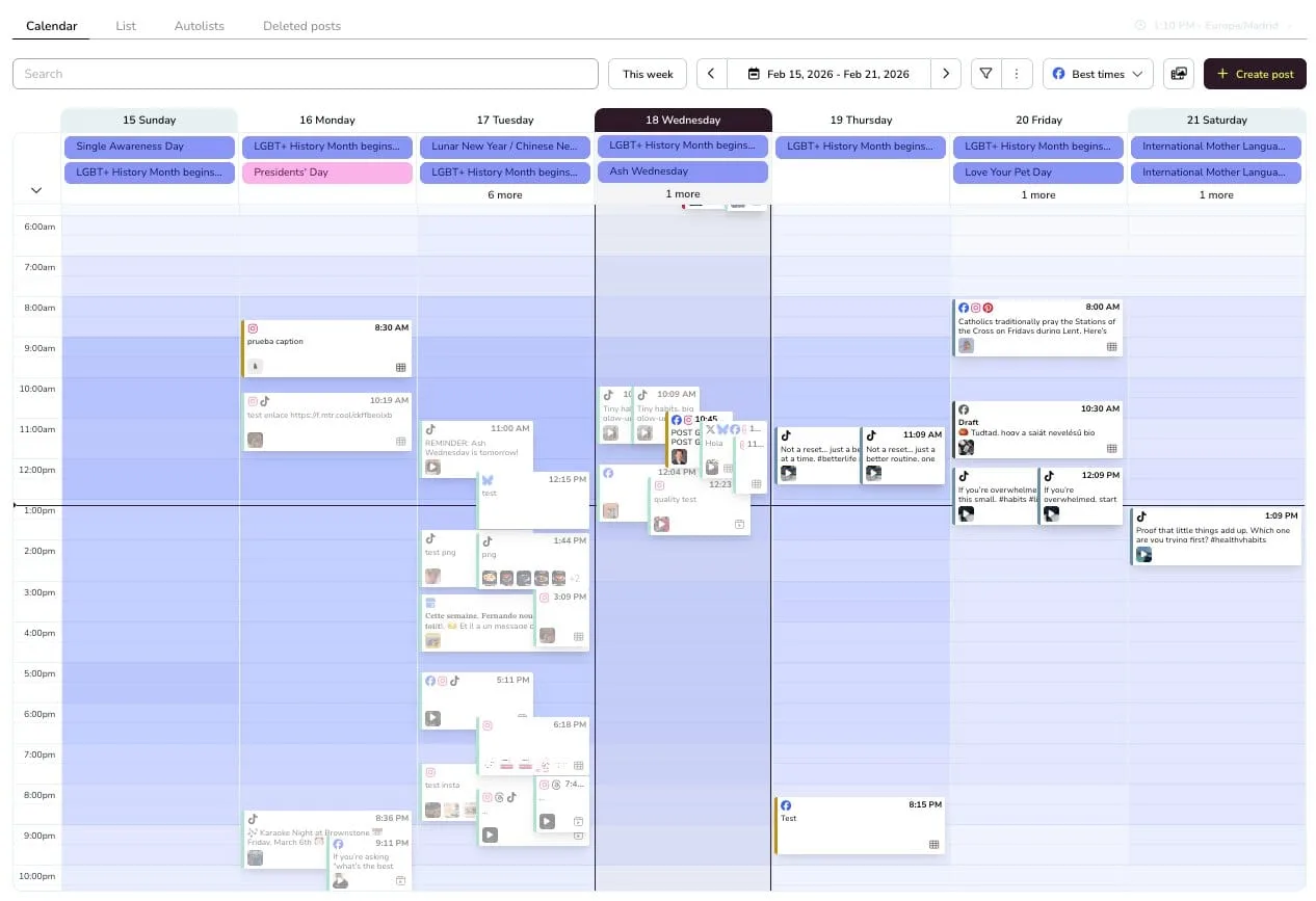 Metricool Planner calendar week view with a best times heatmap, holiday markers, and scheduled posts for Instagram, TikTok, Facebook, Pinterest, X, and Bluesky